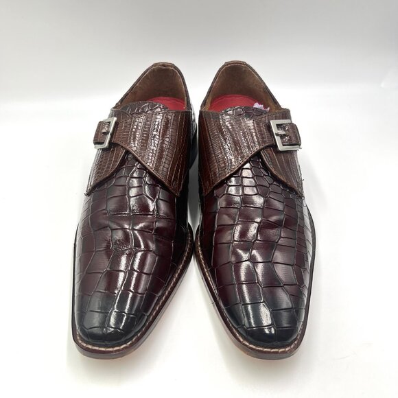 Stacy Adams Mens Size 9 Burgundy Brown Leather Croc Gator Monk Strap Dress Shoes - Picture 2 of 13